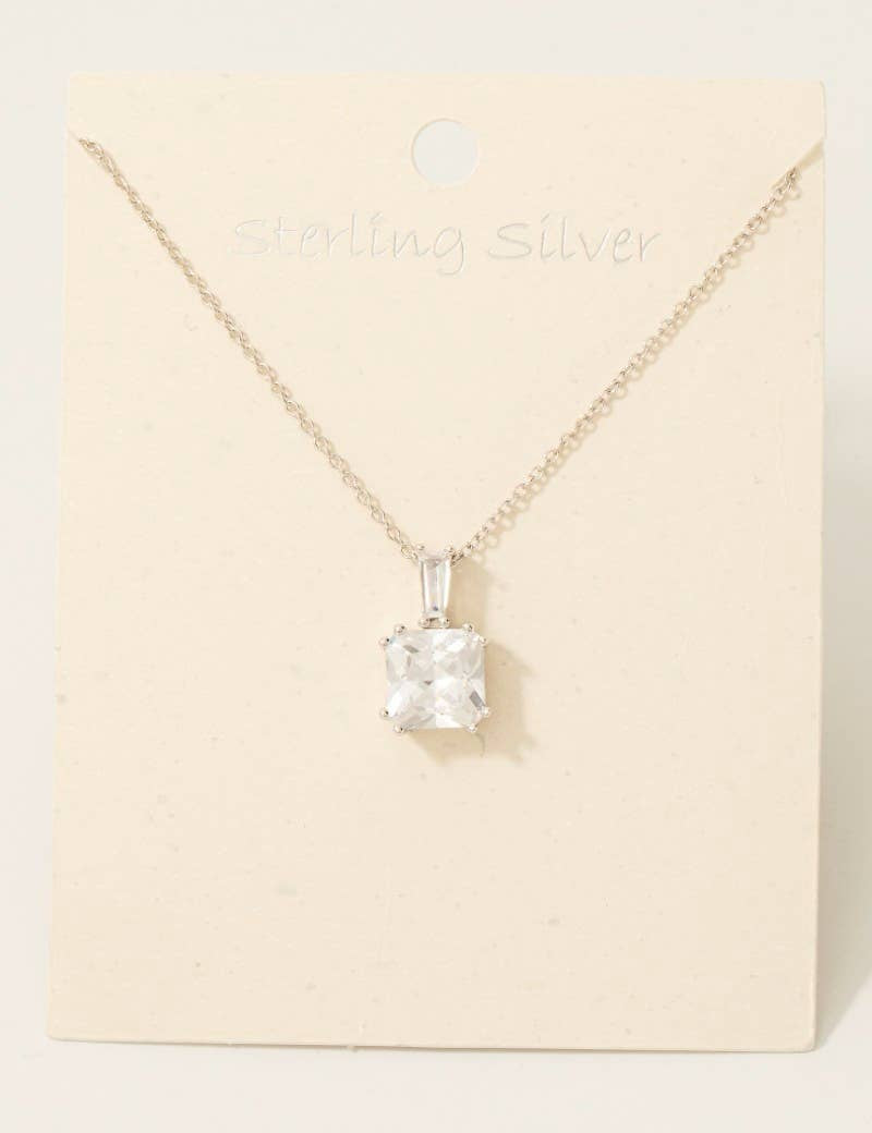 Sterling Silver Large Cz Square Pendant Necklace