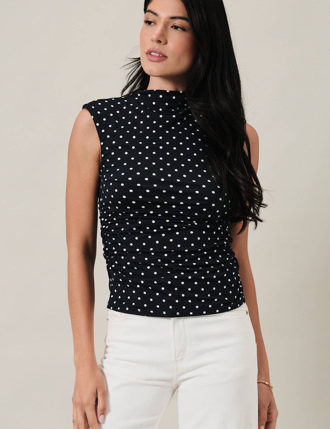 Mock Neck Polka Dot Top- Navy - Ana Patricia Boutique
