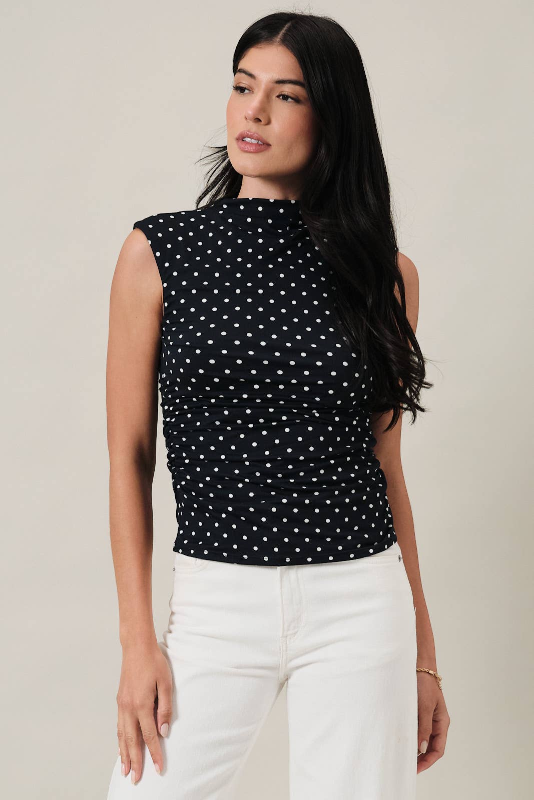 Mock Neck Polka Dot Top- Navy - Ana Patricia Boutique
