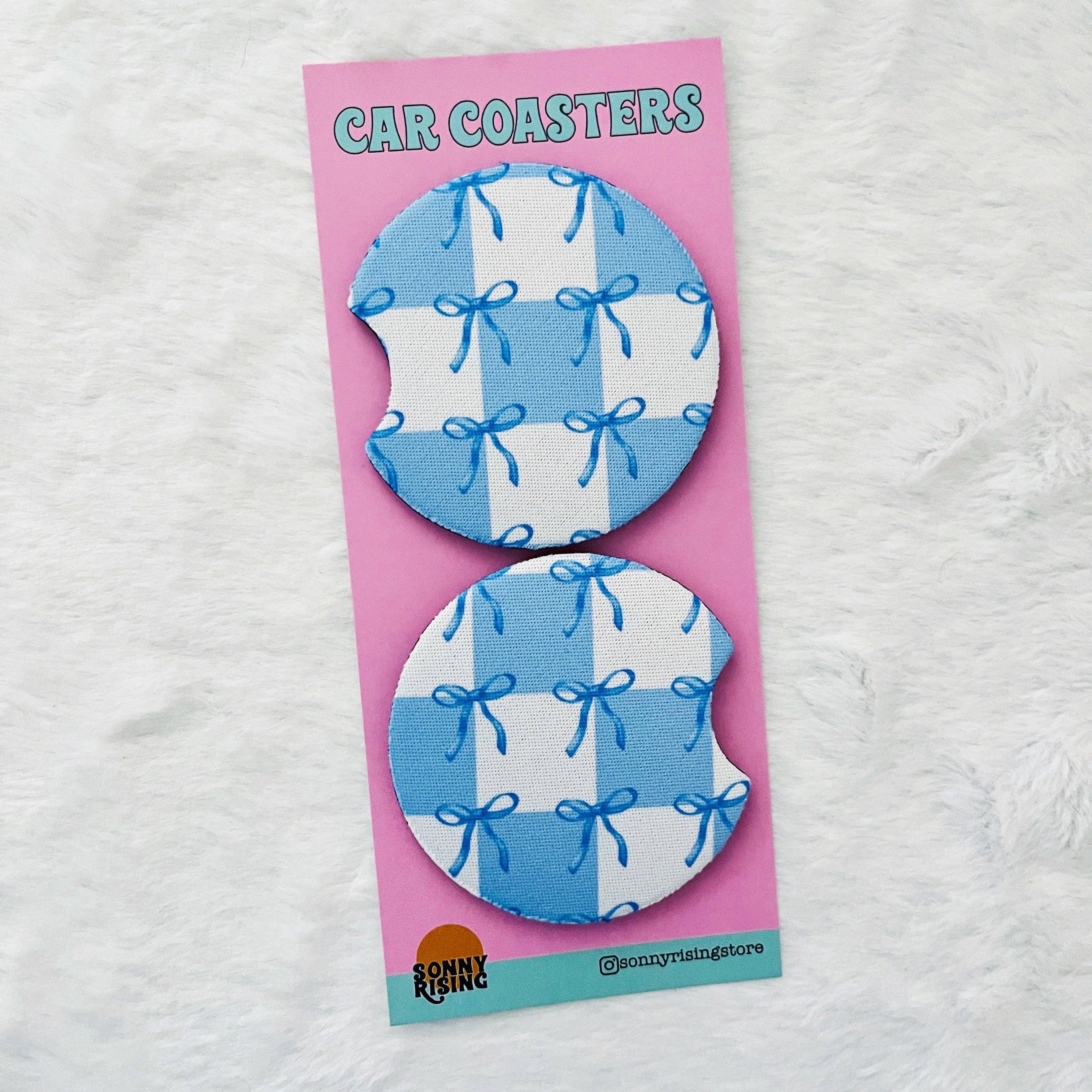 2 Car Coasters, Blue Coquette Bow & Checkered Pattern - Ana Patricia Boutique