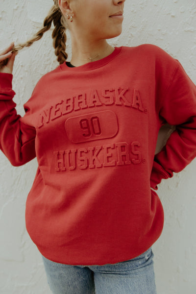 Nebraska Huskers Embossed Crewneck- Red