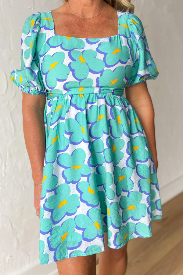 Wildflower Whimsy Babydoll Mini Dress- Seafoam