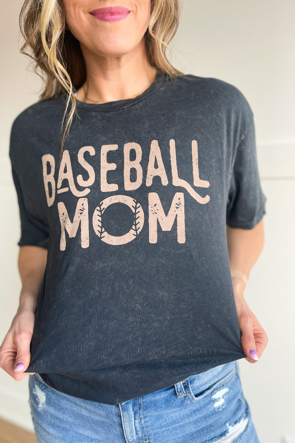 Baseball Mom Mineral Wash Tee- Black