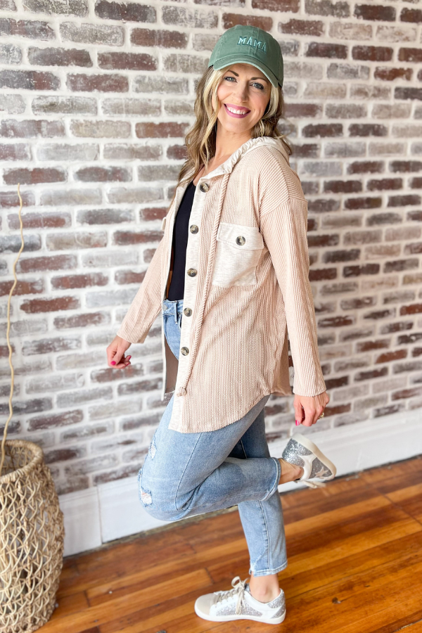 Just Go With It Button Up Draw String Top - Nude