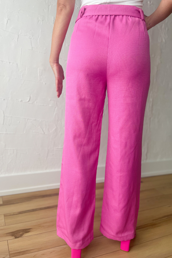 Get Your Pink On Buckle Belt Wide Leg Pants - Hot Pink