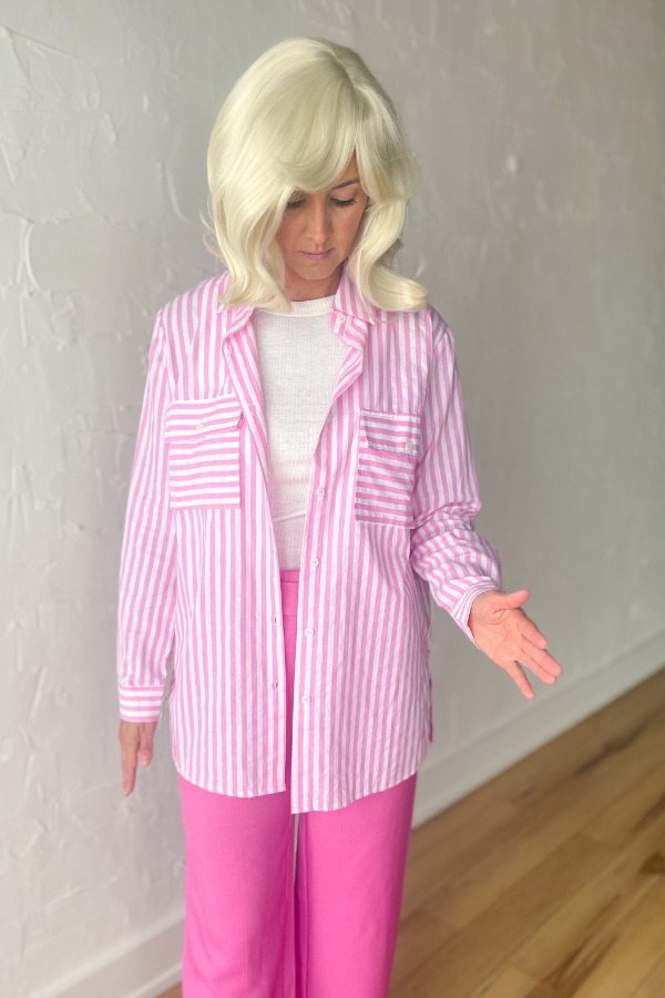 In My Own World Striped Button Up Top - Pink