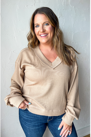 See You Later V Neck Top - Mocha