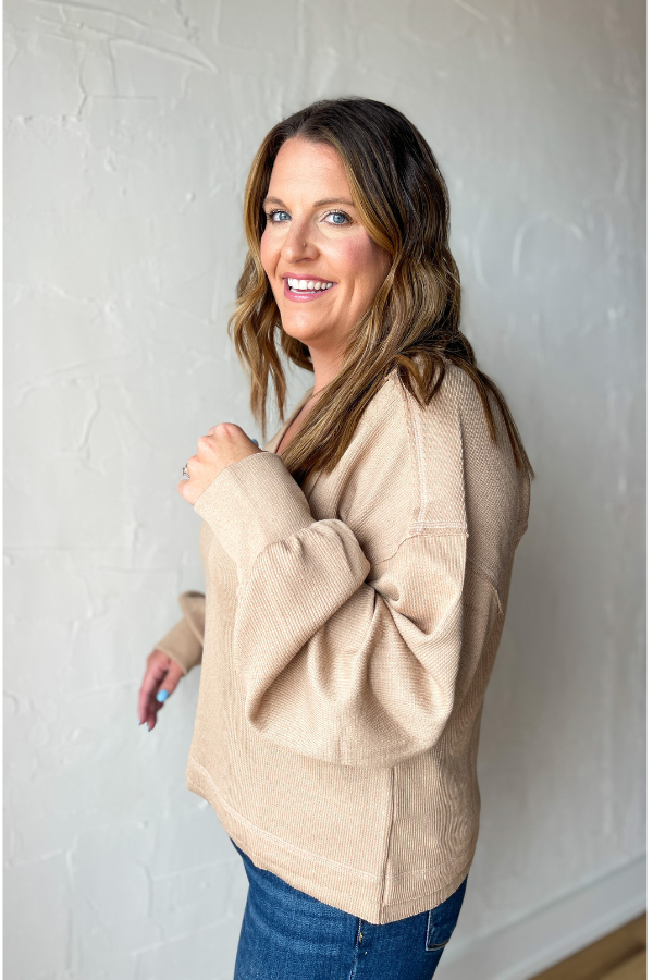 See You Later V Neck Top - Mocha