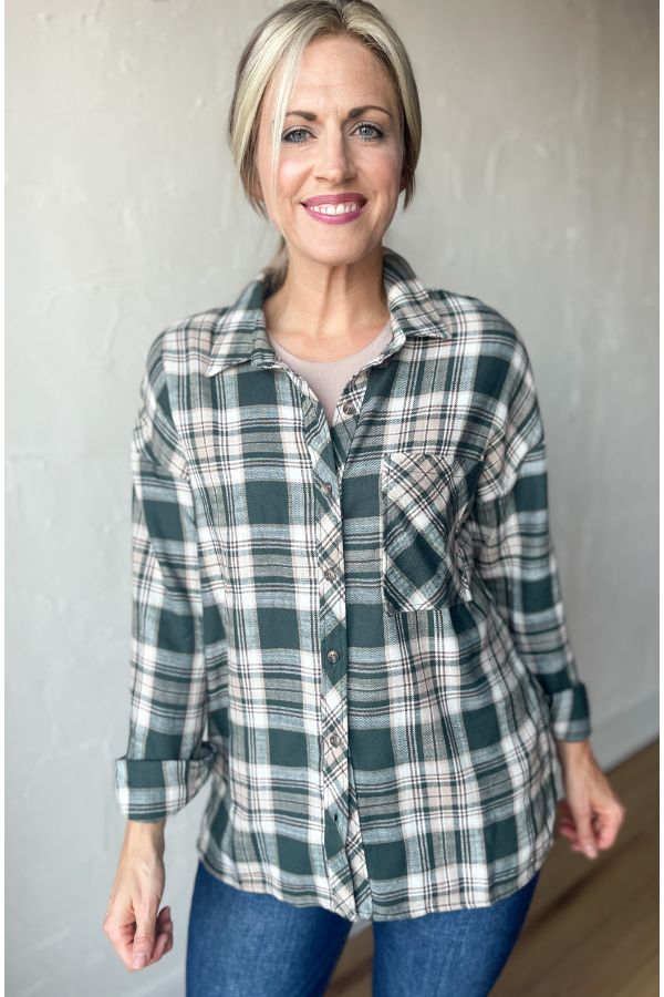 Safe and Sound Plaid Button Up Top - Hunter