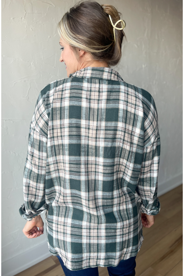 Safe and Sound Plaid Button Up Top - Hunter