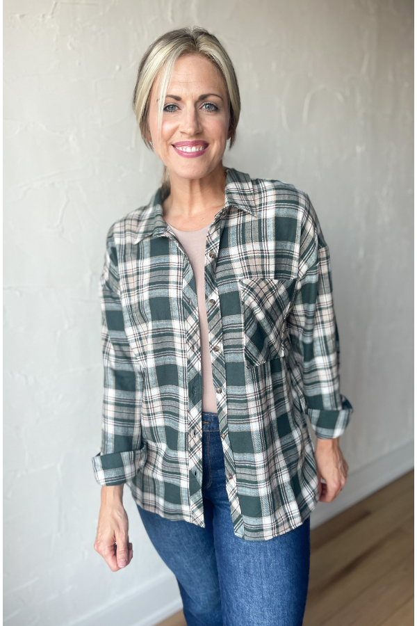 Safe and Sound Plaid Button Up Top - Hunter