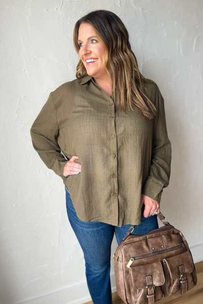 All Over Again Button Up Top -Olive