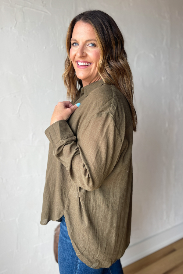 All Over Again Button Up Top -Olive