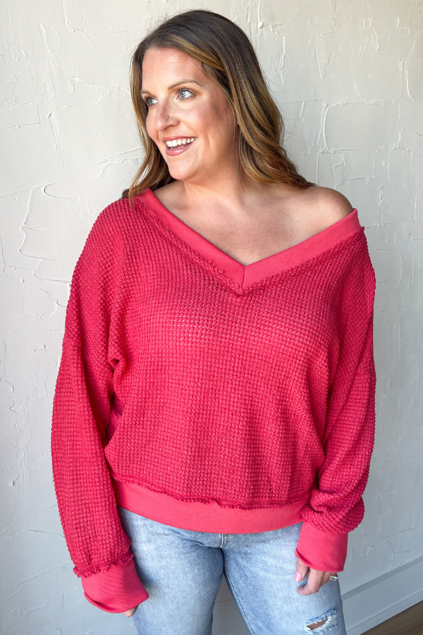 Eyes On You Waffle Knit Top - Tomato Red