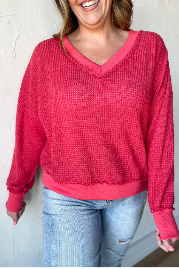 Eyes On You Waffle Knit Top - Tomato Red