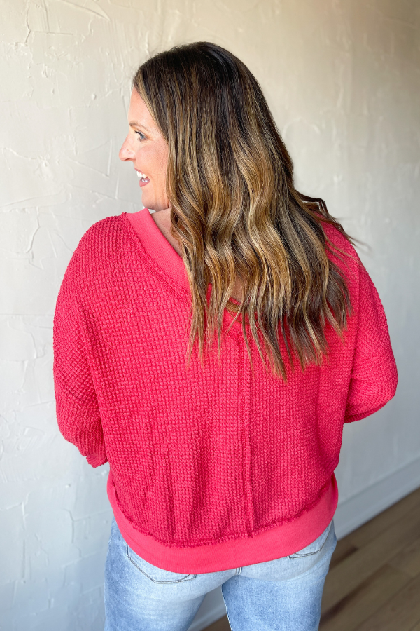 Eyes On You Waffle Knit Top - Tomato Red