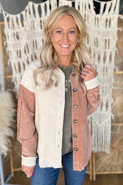So It Begins Color Block Button Up - Cinnamon/Stone