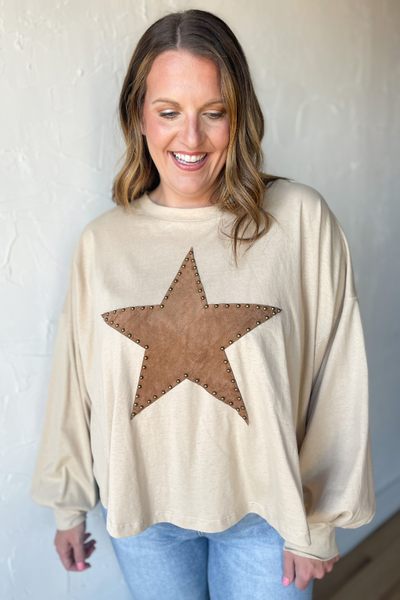 Star Studded Long Sleeve Top- Natural