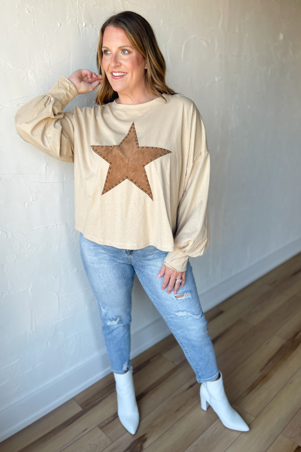 Star Studded Long Sleeve Top- Natural