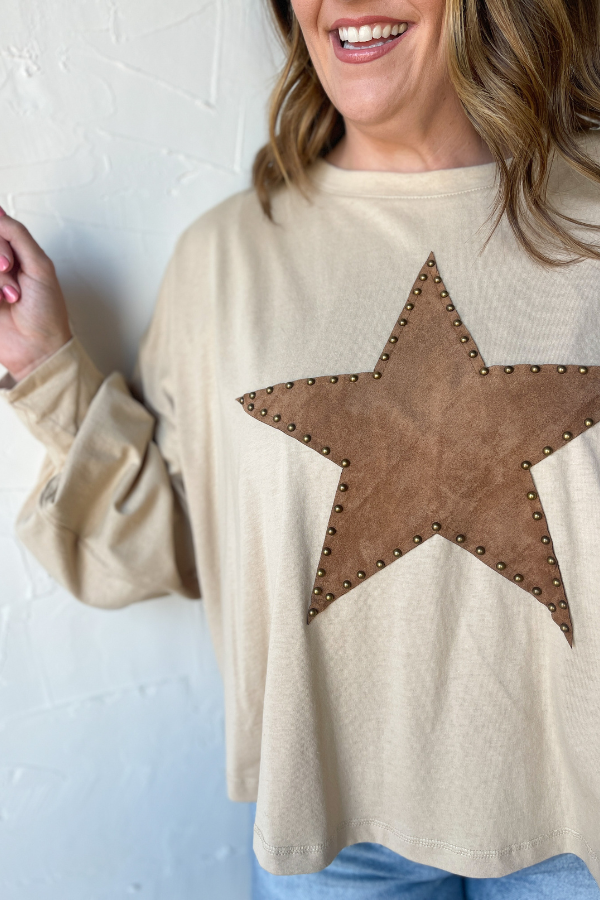 Star Studded Long Sleeve Top- Natural