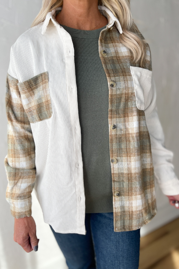 Creekside Plaid Button Up- Ivory/Tan