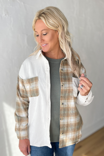 Creekside Plaid Button Up- Ivory/Tan