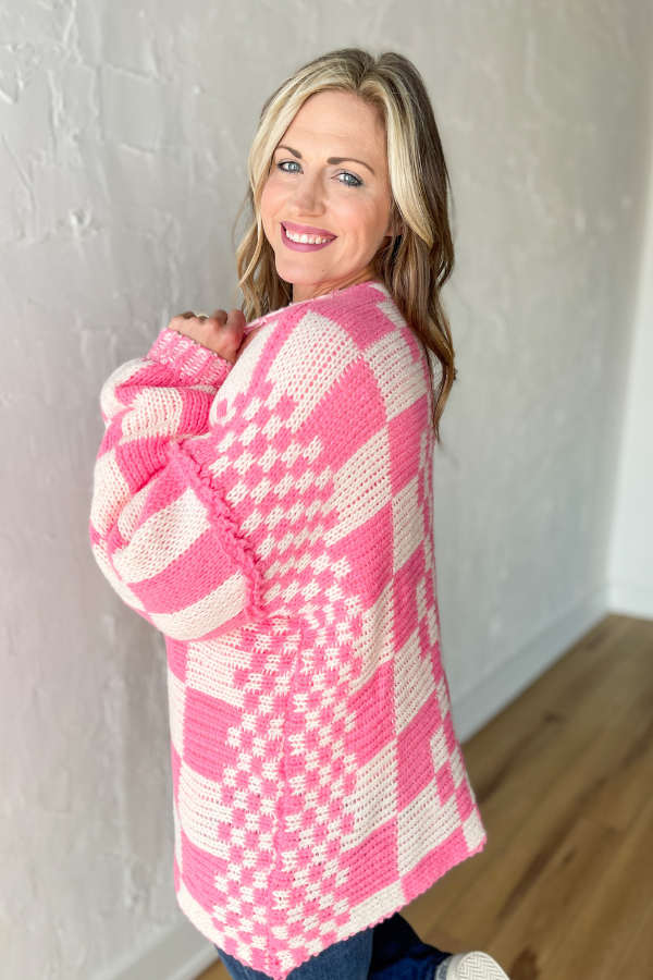 Off the Wall Checkered Cardigan- Pink/Cream