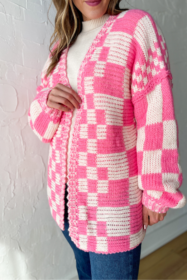 Off the Wall Checkered Cardigan- Pink/Cream