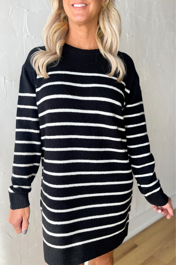 The Gretchen Stripe Sweater Dress- Black/Ivory