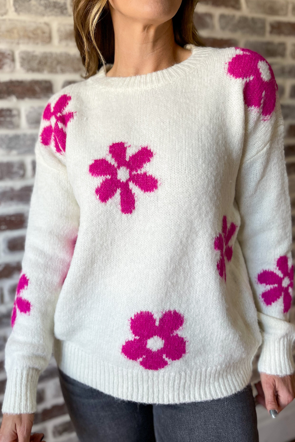 Daisy Dreams Sweater- Ivory/Fuchsia