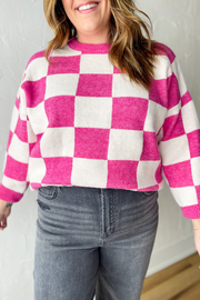 Chic Checkerboard Sweater-Ivory/Fuchsia