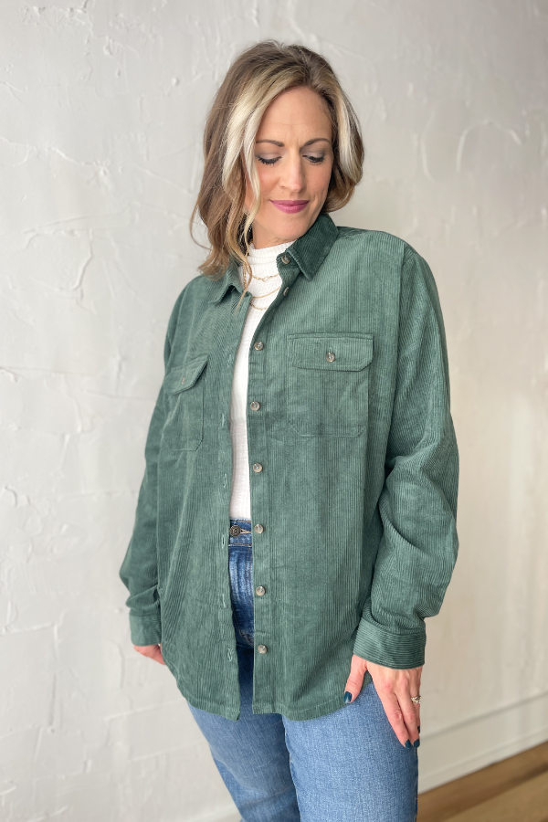 Blissfully Yours Corduroy Top- Forest Green