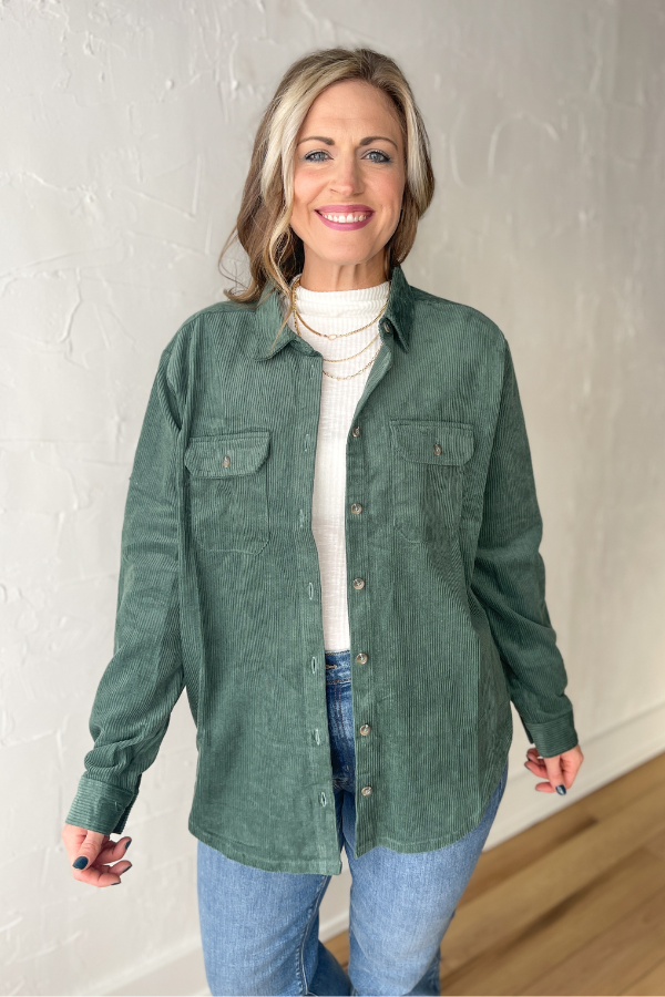Blissfully Yours Corduroy Top- Forest Green
