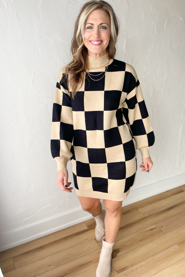 Checkered Charm Sweater Dress-Black