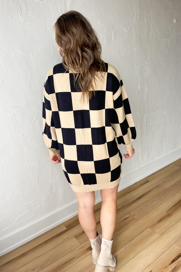 Checkered Charm Sweater Dress-Black