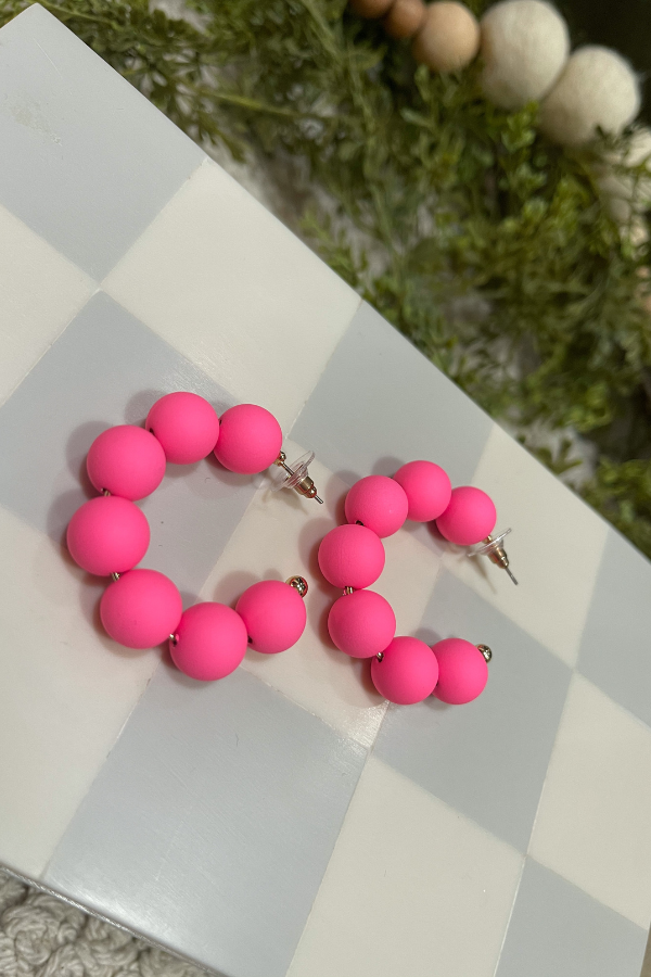 Clay Ball Open Hoop Earrings- Hot Pink
