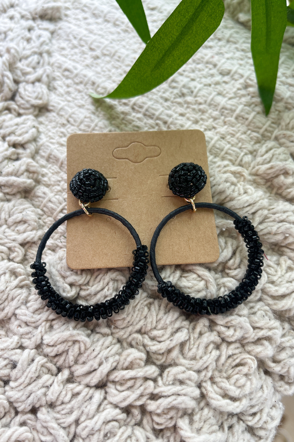 Beaded Cutout Earrings- Black